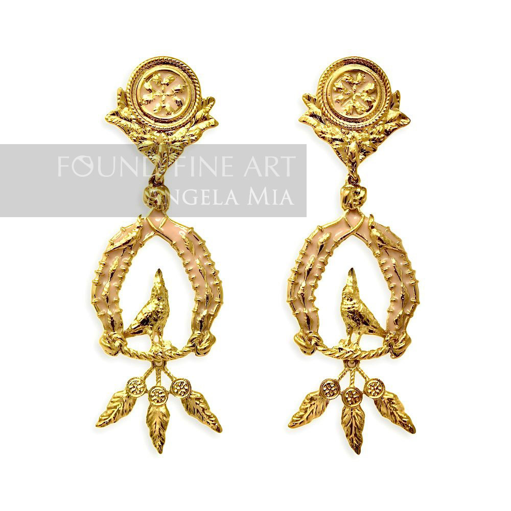 "Vigor" Earrings with Feathers - Gold & Blush