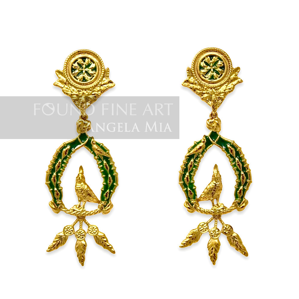 "Vigor" Earrings with Feathers - Gold & Green