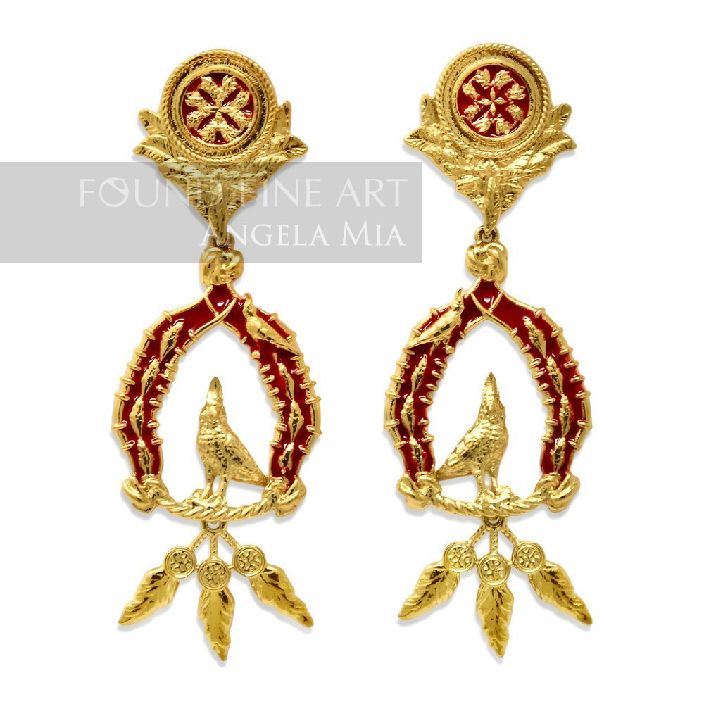 "Vigor" Earrings with Feathers - Gold & Red