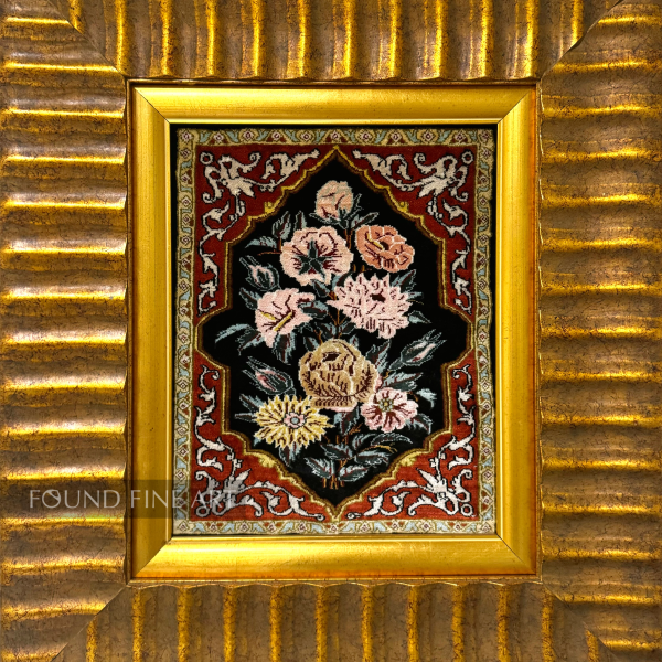 "Silk Flower Design" Persian-Qum Hand Knotted Silk Rug/Frame