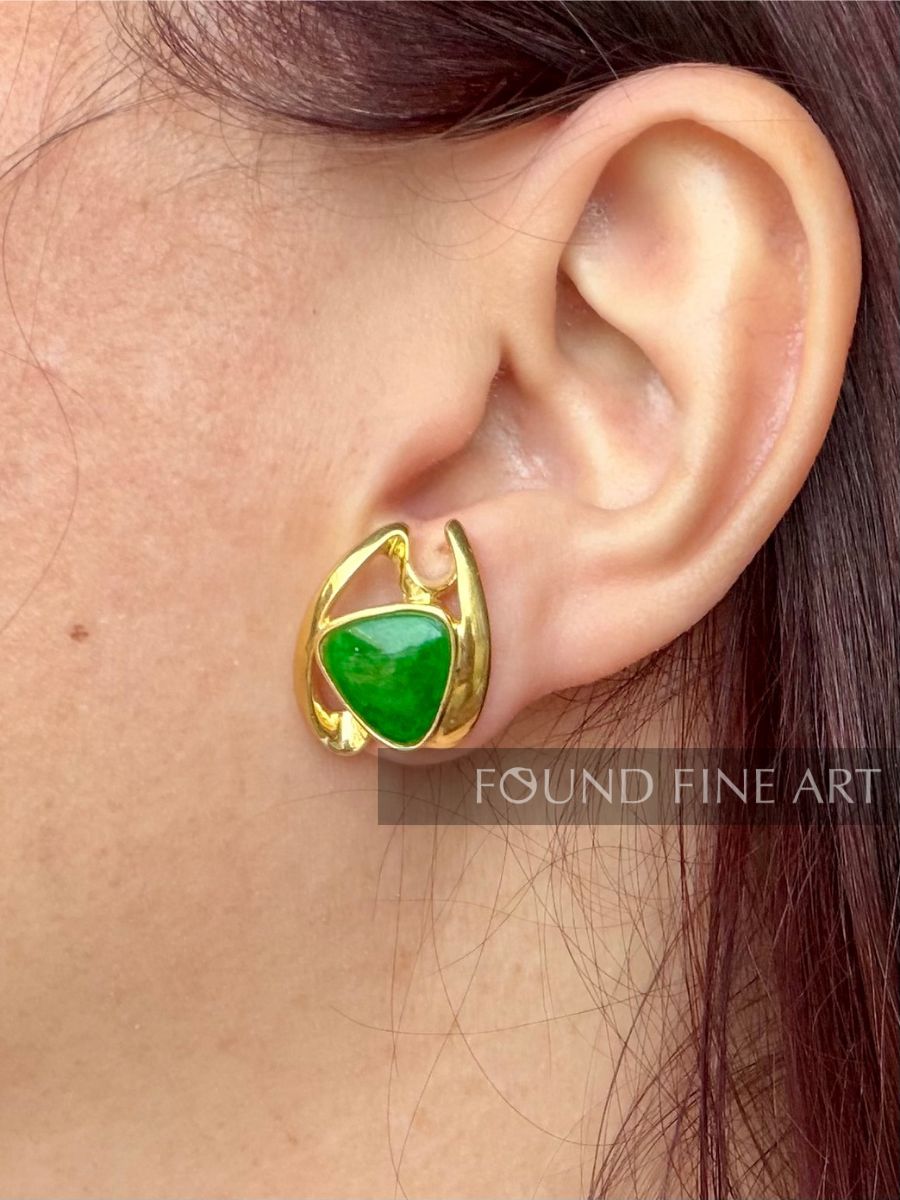 J10- Green and Gold Triangle Jade Earrings