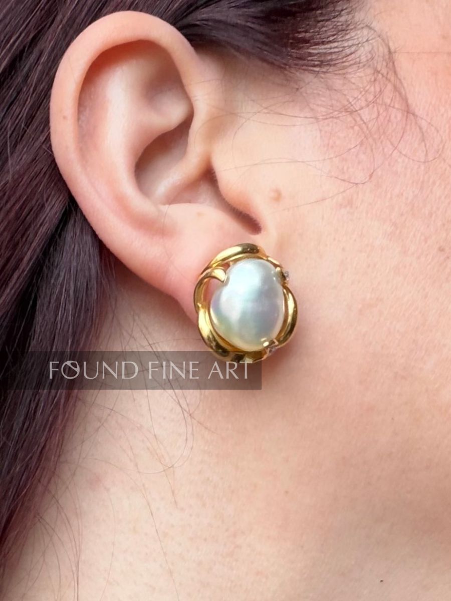 P61- Oval Pearl and 18k Gold + Diamond Earrings