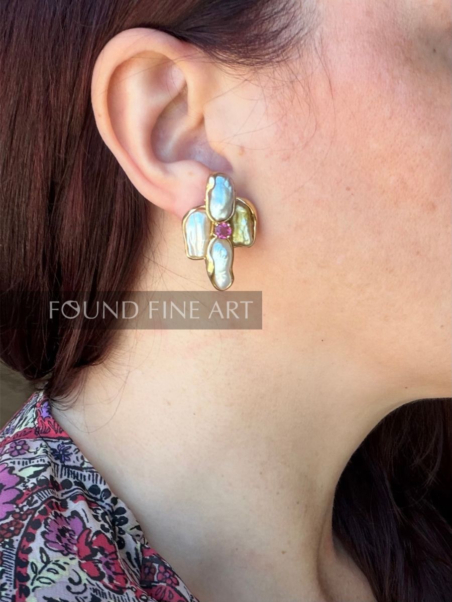 P63- Pearl + 14k Gold with Pink Stone Earrings