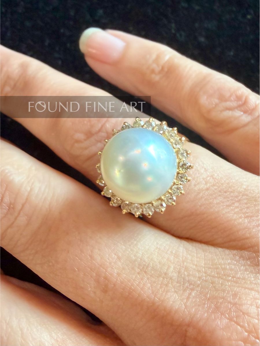 P64- White Pearl + Diamond Ring